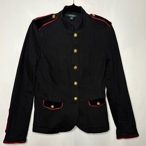 Ralph Lauren Jacket  Military Black Denim Gold Button Red Trimming Size 8